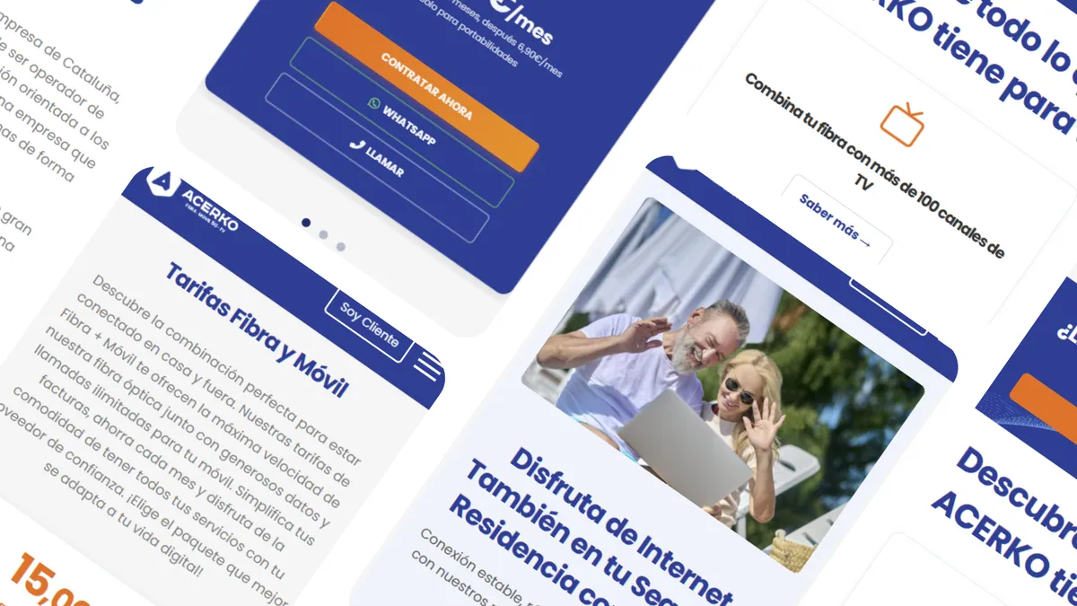Composite of the Acerko.com site showing the fibre and mobile pricing pages and the sign-up and contact buttons.