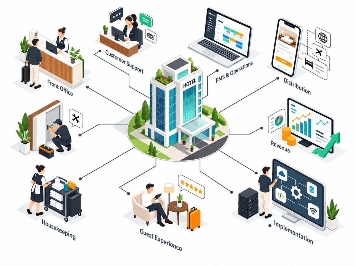 Isometric illustration of a hotel's ecosystem: the building in the centre and, around it, the front desk, guest service, reviews, revenue, distribution and implementation.