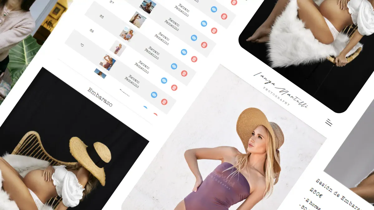 Composite of the Tanya Martelli Photography site and admin dashboard, where session bookings and the photo gallery are managed.